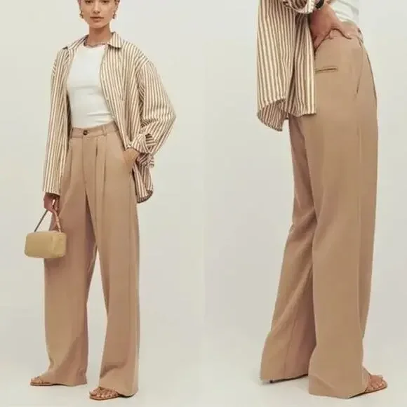 Reformation Mason High Waisted Wide Leg Trouser Pants in Khaki